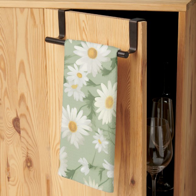 Linge De Cuisine Marguerites blanches sur Sage Green (Pliage en tiers)