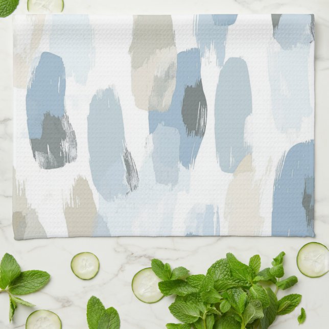 Linge De Cuisine Mariage Abstrait à crème blanche bleue (Plié)