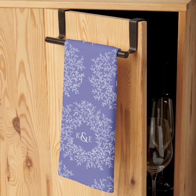 Linge De Cuisine mariage bleu monogramme dessiné à la main feuille (Pliage en tiers)