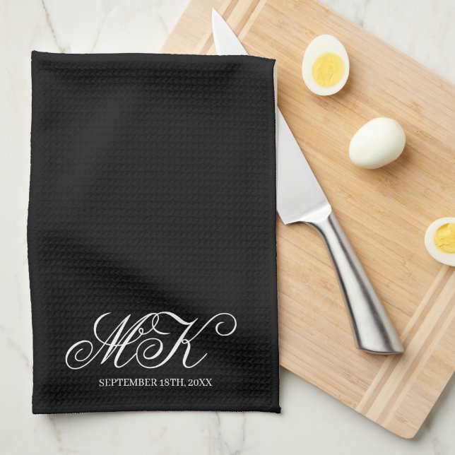 Linge De Cuisine Mariage Couples Initiales Script Monogramme Noir (Quart Plié)