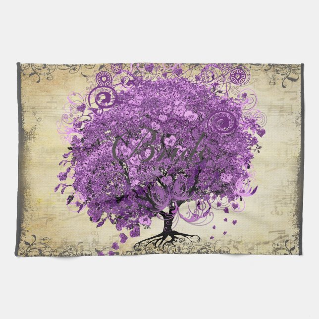 Linge De Cuisine Mariage de feuille d'arbre de coeur violet radiant (Horizontal)