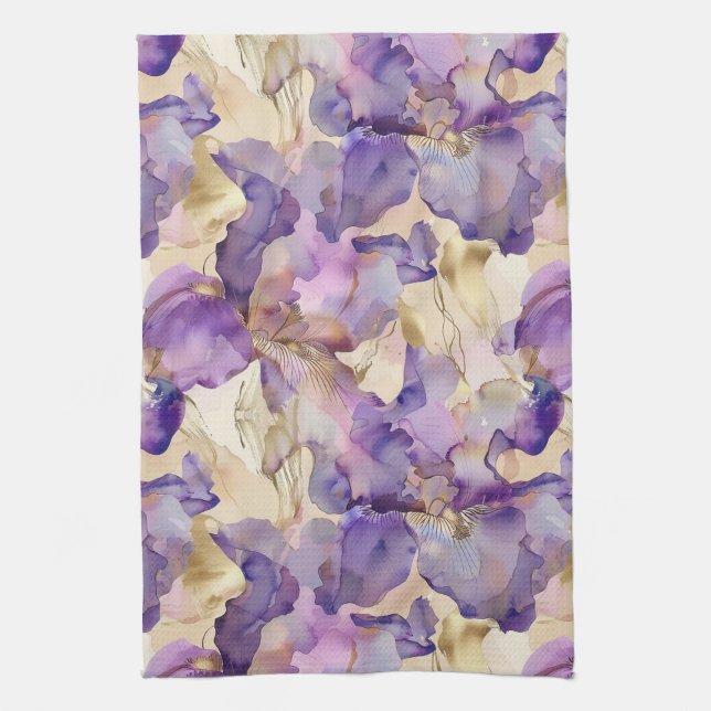 Linge De Cuisine Mariage floral d'iris or et violet romantique (Vertical)