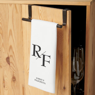 Linge De Cuisine Mariage Monogramme Simple Élégant noir et blanc