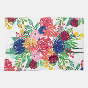 Linge De Cuisine Marine bleu et rouge aquarelle boho chic Fleurs