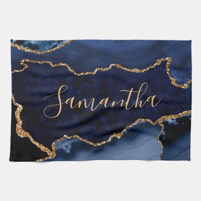Linge De Cuisine Marine Blue et Faux Gold Parties scintillant marbr (Horizontal)