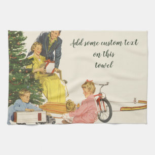 Linge De Cuisine Matin de Noël vintage, famille ouvrant des cadeaux