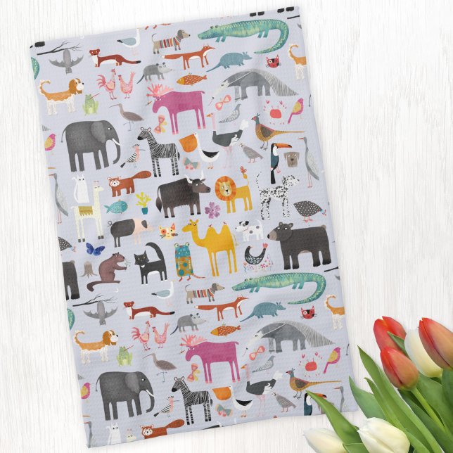 Linge De Cuisine Ménagerie animale (Fun animal menagerie with wild, safari, zoo and pet animals and birds pattern kitchen towel)