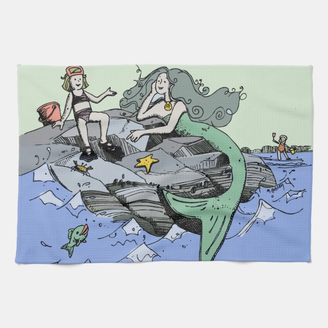 Linge De Cuisine Mermaid littoral mignon dessin animé plage art pou (Horizontal)