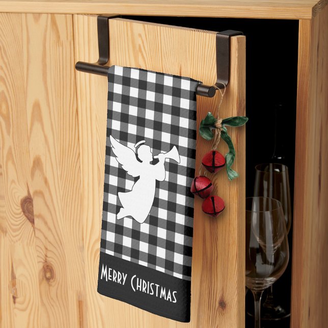 Linge De Cuisine Merry Christmas Black & White Buffalo Plaid Angel (Créateur téléchargé)