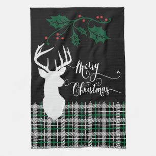 Linge De Cuisine Merry Christmas Deer - Green Plaid