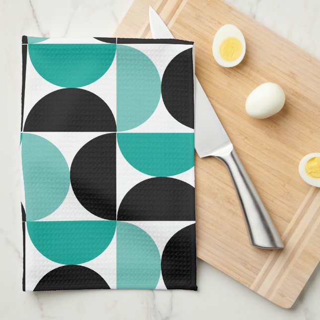 Linge De Cuisine Mi-siècle moderne noir blanc et menthe (Quart Plié)