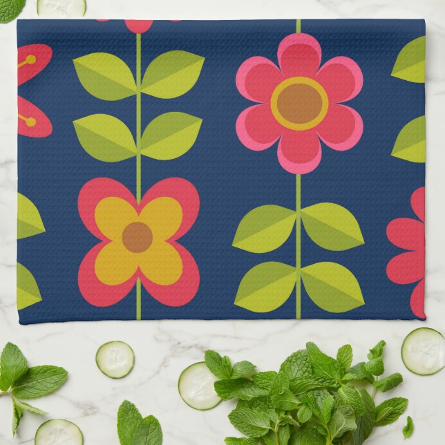 Linge De Cuisine Mid Century Fleurs rouges modernes avec feuilles (Plié)