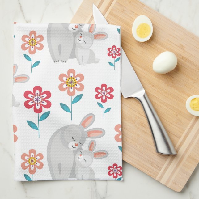 Linge De Cuisine Mignonne lapin mère et lapin, fleurs motif (Quart Plié)
