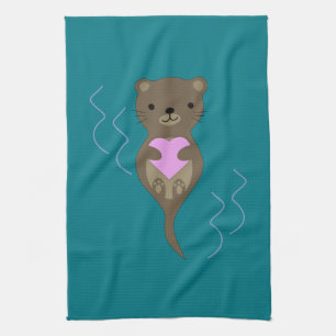 Linge De Cuisine Mignonne Otter embrasse un coeur rose