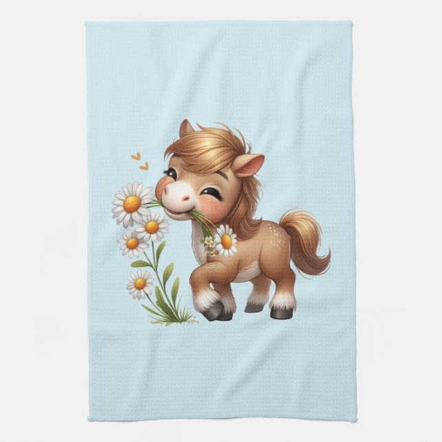 Linge De Cuisine Mignonne Pony Mange Manger Des Marguerites (Vertical)