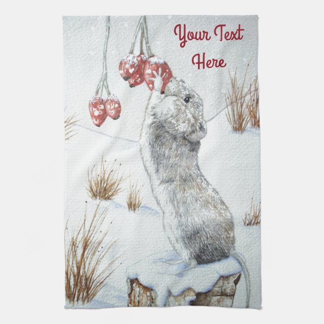 Linge De Cuisine Mignonne souris rouge baies neige scène faune (Vertical)