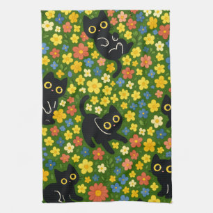 Linge De Cuisine Mignons Chats Noirs Motif Floral de Prairie