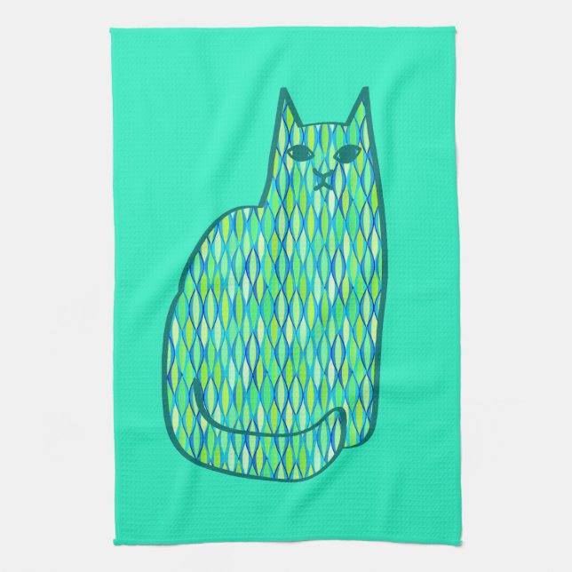 Linge De Cuisine Milieu du siècle moderne Chat, Mint et Lime Vert (Vertical)