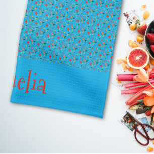 Linge De Cuisine mini-fleur sauvage rouge motif turquoise