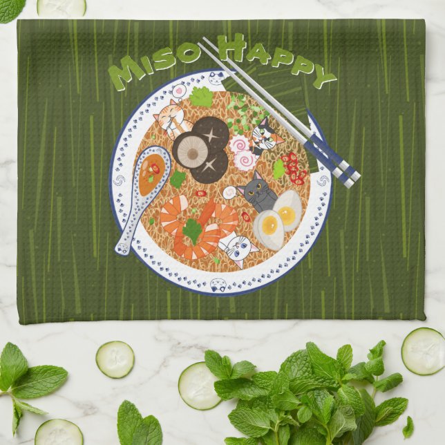Linge De Cuisine Miso Happy - Kawaii Ramen Cats (Plié)