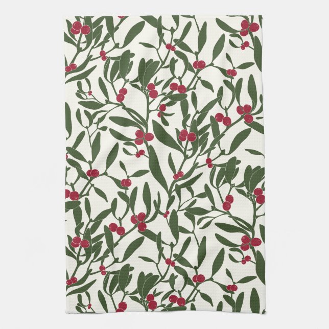 Linge De Cuisine Mistletoe de Noël classique rouge et vert (Vertical)
