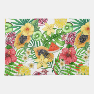 Linge De Cuisine Mix-fruit tropical, fleurs et feuilles sur blanc