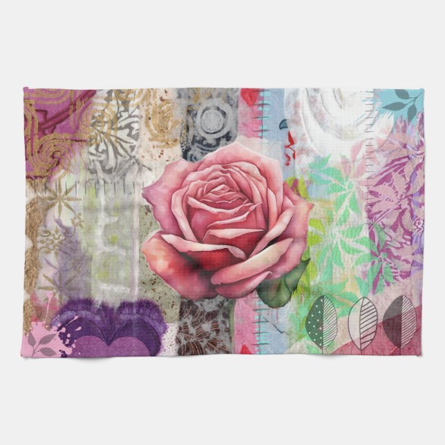 Linge De Cuisine Mixed Media Rose Floral Collage Kitchen Towel (Horizontal)