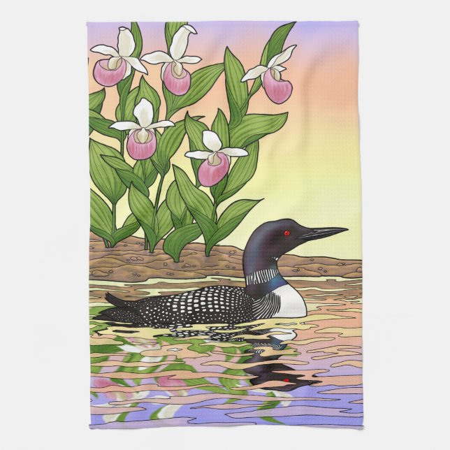 Linge De Cuisine MN State Bird Flower Loon Lady Slipper (Vertical)