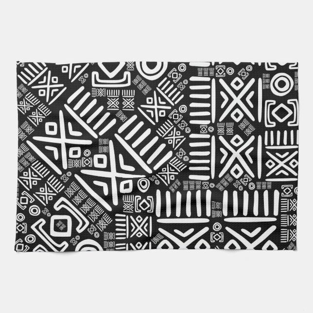 Linge De Cuisine Modèle africain ethnique #6 noir et blanc (Horizontal)