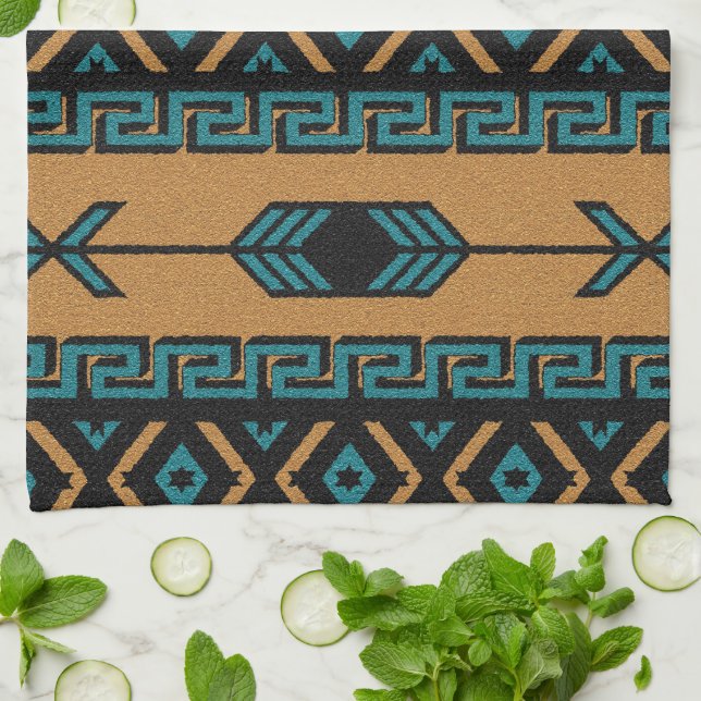 Linge De Cuisine Modèle Aztèque Sud-Ouest Tan Et Turquoise (Plié)