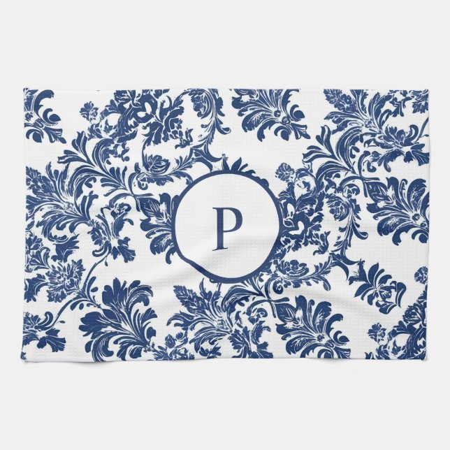 Linge De Cuisine Modèle bleu Damas de la marine classique (Horizontal)