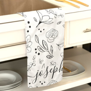 Linge De Cuisine Modèle floral noir simple personnalisé