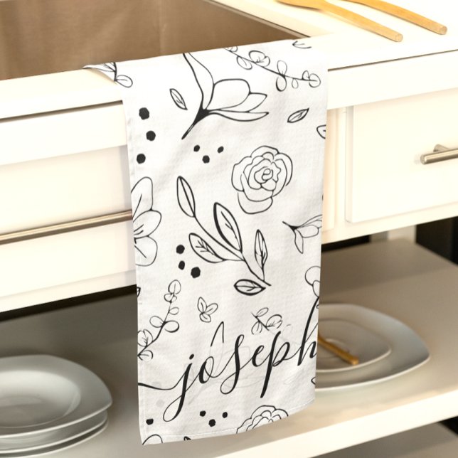 Linge De Cuisine Modèle floral noir simple personnalisé (Black white minimalist floral pattern personalized kitchen tea towel.)