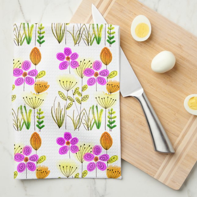 Linge De Cuisine Modèle Floral pourpre (Quart Plié)