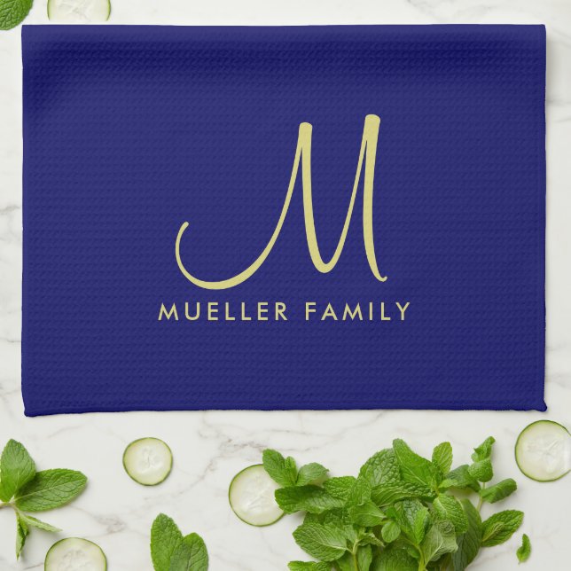 Linge De Cuisine Modèle Gold Monogramme Nom de famille Marine Blue (Plié)
