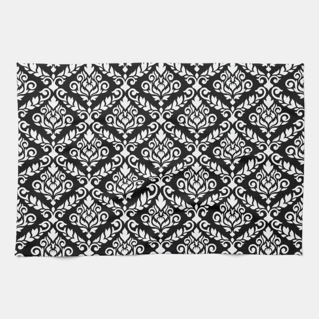 Linge De Cuisine Modèle Prima Damask blanc sur noir (Horizontal)