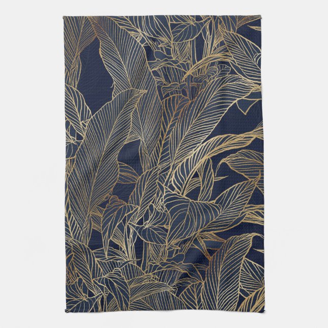 Linge De Cuisine Moderne Blue Gold Foliage Plante Design botanique (Vertical)