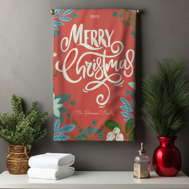 Linge De Cuisine Moderne Bold Floral Joyeux Noël (Modern Bold Floral Merry Christmas Kitchen Towel)