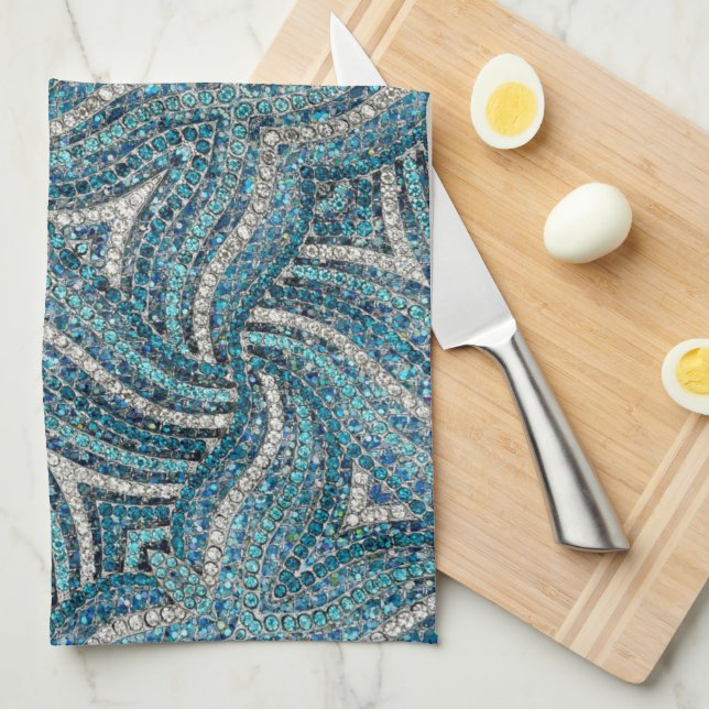Linge De Cuisine Moderne Elégante fille Silver Turquoise Blue Swirl (Quart Plié)