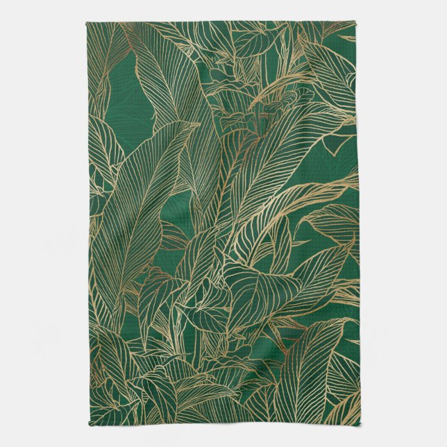 Linge De Cuisine Moderne Green Gold Foliage Plante Design botanique (Vertical)