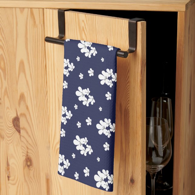 Linge De Cuisine Moderne romantique bleu marine motif fleurs blanch (Pliage en tiers)