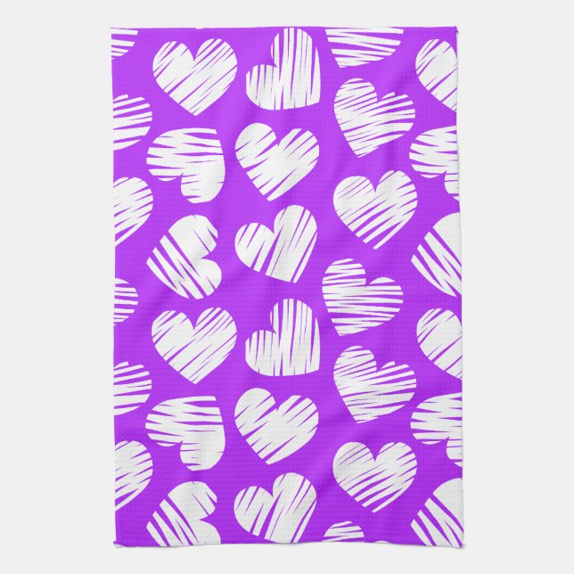 Linge De Cuisine Moderne violet blanc Doodled Heart Valentine's Day (Vertical)