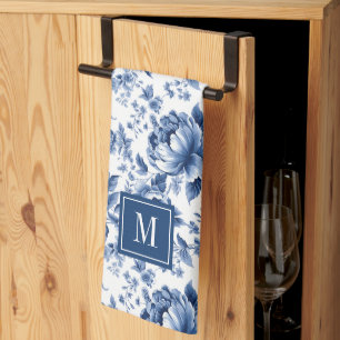Linge De Cuisine Monogram Vintage Bleu Blanc Fleurs Roses