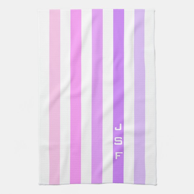 Linge De Cuisine Monogramme à bandes verticales violettes et roses (Vertical)