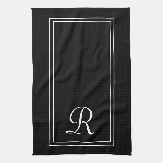 Linge De Cuisine Monogramme à rayures noir et blanc moderne personn (Vertical)