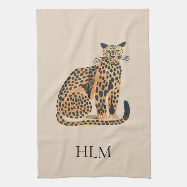 Linge De Cuisine Monogramme animal léopard de crème (Vertical)