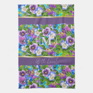 Linge De Cuisine Monogramme Anniversaire Pansy Violet Fleurs Aquare