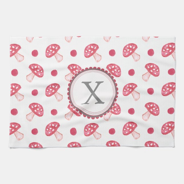 Linge De Cuisine monogramme aquarelle champignons rouges (Horizontal)