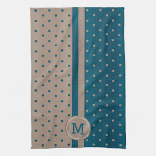 Linge De Cuisine Monogramme Ardoise Bleu et Pointe Tan Polka
