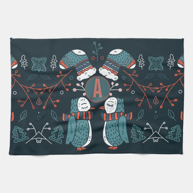 Linge De Cuisine Monogramme Art folklorique Noël Chouettes bleues A (Horizontal)